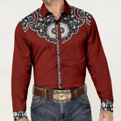 OUKU Men's Cowboy Western Shirt Button Up Shirt Cowboy Shirt Long Sleeve Vintage Western Style Daily Holiday Fall Winter Spring & Summer Turndown Collared Shirts Button Up 3D Print Black Wine Blue Green