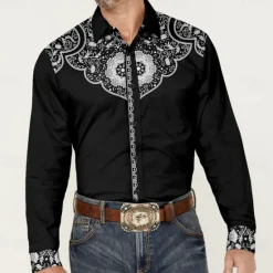 OUKU Men's Cowboy Western Shirt Button Up Shirt Cowboy Shirt Long Sleeve Vintage Western Style Daily Holiday Fall Winter Spring & Summer Turndown Collared Shirts Button Up 3D Print Black Wine Blue Green