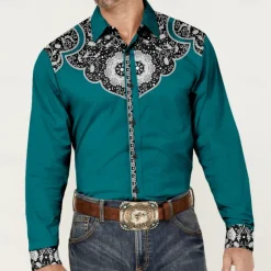 OUKU Men's Cowboy Western Shirt Button Up Shirt Cowboy Shirt Long Sleeve Vintage Western Style Daily Holiday Fall Winter Spring & Summer Turndown Collared Shirts Button Up 3D Print Black Wine Blue Green