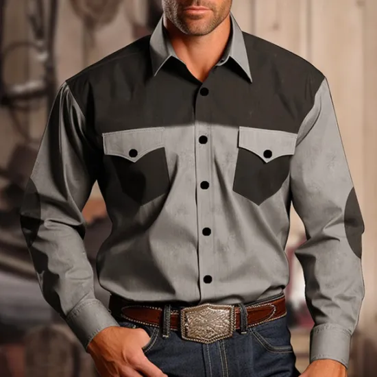 Discount OUKU Men's Cowboy Western Shirt Button Up Shirt Cowboy Shirt Long Sleeve Vintage Western Style Casual Daily Spring Fall & Winter Turndown 3D Print Front Pocket khaki Gray