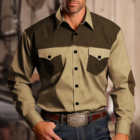 Discount OUKU Men's Cowboy Western Shirt Button Up Shirt Cowboy Shirt Long Sleeve Vintage Western Style Casual Daily Spring Fall & Winter Turndown 3D Print Front Pocket khaki Gray