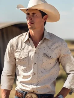 Best OUKU Men's Cowboy Western Shirt Button Up Shirt Cowboy Shirt Long Sleeve Vintage Sports Fashion Daily Summer Spring Turndown Collared Shirts 3D Print Front Pocket White
