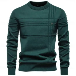 Best OUKU Mens Crewneck Pullover Sweater Knitted Cotton Stripped Quality Autumn Winter Warm Sweaters for Men
