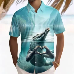 Clearance OUKU Men's Crocodile Shirt Short Sleeve Funny Summer Spring Turndown Button Up Yellow Purple Green