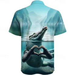 Clearance OUKU Men's Crocodile Shirt Short Sleeve Funny Summer Spring Turndown Button Up Yellow Purple Green