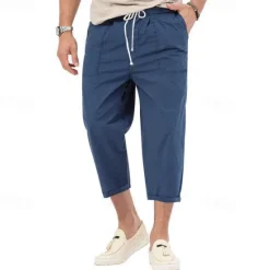 OUKU Men's Cropped Pants Beach Pants Casual Pants Pocket Drawstring Elastic Waist Plain Comfort Ankle-Length Sports Outdoor Daily Fashion Casual Black White Micro-elastic
