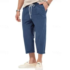 OUKU Men's Cropped Pants Beach Pants Casual Pants Pocket Drawstring Elastic Waist Plain Comfort Ankle-Length Sports Outdoor Daily Fashion Casual Black White Micro-elastic