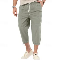 OUKU Men's Cropped Pants Beach Pants Casual Pants Pocket Drawstring Elastic Waist Plain Comfort Ankle-Length Sports Outdoor Daily Fashion Casual Black White Micro-elastic