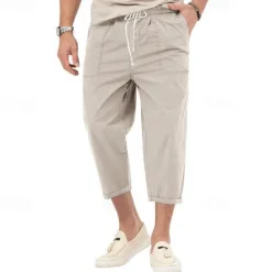 OUKU Men's Cropped Pants Beach Pants Casual Pants Pocket Drawstring Elastic Waist Plain Comfort Ankle-Length Sports Outdoor Daily Fashion Casual Black White Micro-elastic