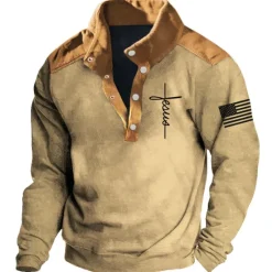 Online OUKU Men's Cross Jesus National Flag Sweatshirts Sweatshirt Long Sleeve Sweatshirt Stand Collar Daily Casual Vintage Retro 3D Print Vacation Sports Outdoor Holiday Print Spring & Fall