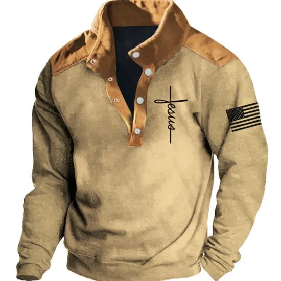 Online OUKU Men's Cross Jesus National Flag Sweatshirts Sweatshirt Long Sleeve Sweatshirt Stand Collar Daily Casual Vintage Retro 3D Print Vacation Sports Outdoor Holiday Print Spring & Fall