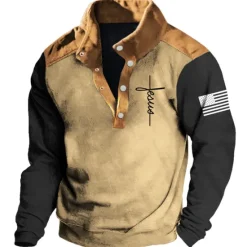 Online OUKU Men's Cross Jesus National Flag Sweatshirts Sweatshirt Long Sleeve Sweatshirt Stand Collar Daily Casual Vintage Retro 3D Print Vacation Sports Outdoor Holiday Print Spring & Fall
