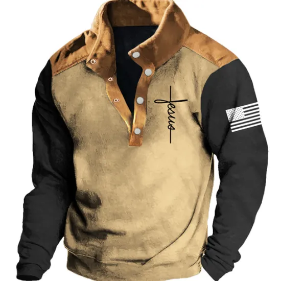 Online OUKU Men's Cross Jesus National Flag Sweatshirts Sweatshirt Long Sleeve Sweatshirt Stand Collar Daily Casual Vintage Retro 3D Print Vacation Sports Outdoor Holiday Print Spring & Fall