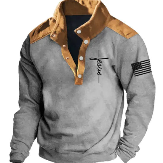 Online OUKU Men's Cross Jesus National Flag Sweatshirts Sweatshirt Long Sleeve Sweatshirt Stand Collar Daily Casual Vintage Retro 3D Print Vacation Sports Outdoor Holiday Print Spring & Fall