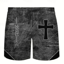 OUKU Men's Cross National Flag Swim Trunks Swim Shorts Board Shorts Mid Waist Vacation Punk & Gothic Resort Style Party Holiday Streetwear Drawstring with Mesh lining Elastic Waist Designer Clothing