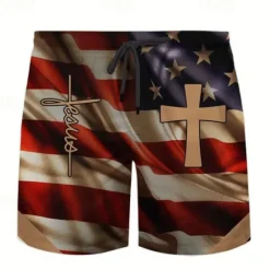 OUKU Men's Cross National Flag Swim Trunks Swim Shorts Board Shorts Mid Waist Vacation Punk & Gothic Resort Style Party Holiday Streetwear Drawstring with Mesh lining Elastic Waist Designer Clothing