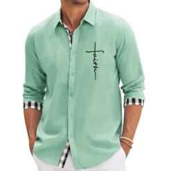 Discount OUKU Men's Cross Shirt Button Up Shirt Long Sleeve Fashion Streetwear Designer Outdoor Casual Daily Summer Spring Fall Turndown Print Pink Blue Green Khaki Gray