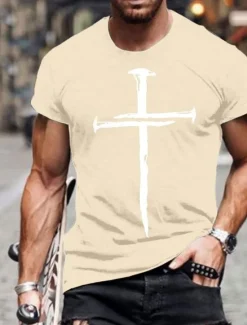 OUKU Men's Cross T Shirt Tee 100% Cotton Short Sleeve Graphic Shirt Wine Heather Gray Black Comfortable Tee Vacation Casual Fashion Designer Clothing