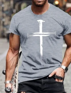 OUKU Men's Cross T Shirt Tee 100% Cotton Short Sleeve Graphic Shirt Wine Heather Gray Black Comfortable Tee Vacation Casual Fashion Designer Clothing