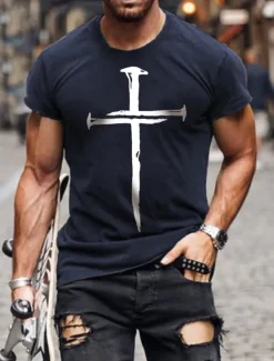 OUKU Men's Cross T Shirt Tee 100% Cotton Short Sleeve Graphic Shirt Wine Heather Gray Black Comfortable Tee Vacation Casual Fashion Designer Clothing