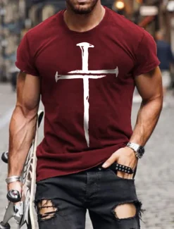 OUKU Men's Cross T Shirt Tee 100% Cotton Short Sleeve Graphic Shirt Wine Heather Gray Black Comfortable Tee Vacation Casual Fashion Designer Clothing