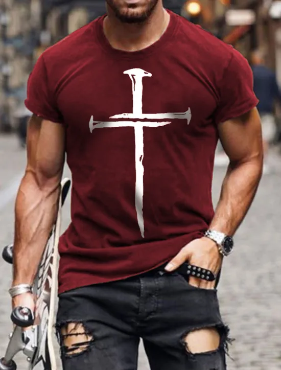 OUKU Men's Cross T Shirt Tee 100% Cotton Short Sleeve Graphic Shirt Wine Heather Gray Black Comfortable Tee Vacation Casual Fashion Designer Clothing