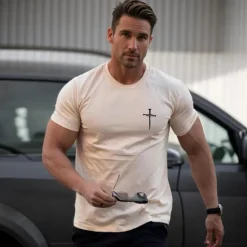 Outlet OUKU Men's Cross T Shirt Tee Top 100% Cotton Short Sleeve Graphic Shirt White Dark Blue Beige Comfortable Tee Vacation Street Fashion Designer Clothing