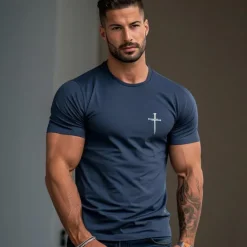 Outlet OUKU Men's Cross T Shirt Tee Top 100% Cotton Short Sleeve Graphic Shirt White Dark Blue Beige Comfortable Tee Vacation Street Fashion Designer Clothing