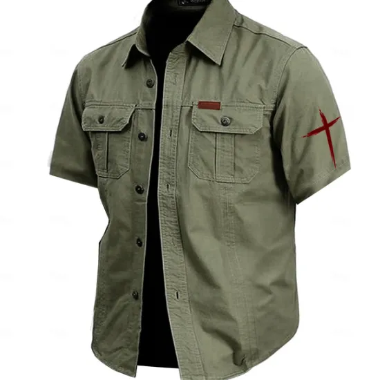 Online OUKU Men's Cross Work Shirt Western Shirt Cargo Shirt Short Sleeve Casual Tactical Sports & Outdoor Going out Summer Spring Turndown Print Army Green Khaki Dark Blue Beige