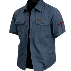 Online OUKU Men's Cross Work Shirt Western Shirt Cargo Shirt Short Sleeve Casual Tactical Sports & Outdoor Going out Summer Spring Turndown Print Army Green Khaki Dark Blue Beige