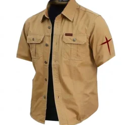 Online OUKU Men's Cross Work Shirt Western Shirt Cargo Shirt Short Sleeve Casual Tactical Sports & Outdoor Going out Summer Spring Turndown Print Army Green Khaki Dark Blue Beige