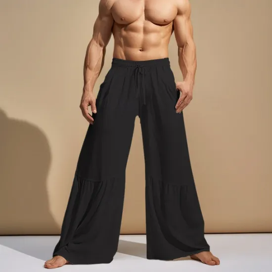 Hot OUKU Men's Culottes Wide Leg Linen Pants Trousers Summer Pants Patchwork Drawstring Elastic Waist Plain Comfort Breathable Casual Daily Holiday Fashion Classic Style Black White