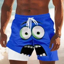 OUKU Men's 3D Cartoon Funny Smile Face Lined Shorts 2 in 1 Board Shorts Swim Shorts Mid Waist Hawaiian Holiday Side Pockets With Compression Liner Elastic Drawstring Waist Designer Clothing Apparel