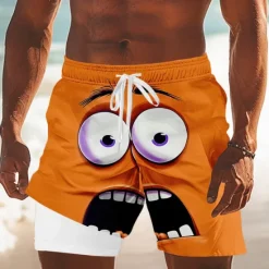 OUKU Men's 3D Cartoon Funny Smile Face Lined Shorts 2 in 1 Board Shorts Swim Shorts Mid Waist Hawaiian Holiday Side Pockets With Compression Liner Elastic Drawstring Waist Designer Clothing Apparel