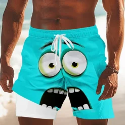 OUKU Men's 3D Cartoon Funny Smile Face Lined Shorts 2 in 1 Board Shorts Swim Shorts Mid Waist Hawaiian Holiday Side Pockets With Compression Liner Elastic Drawstring Waist Designer Clothing Apparel