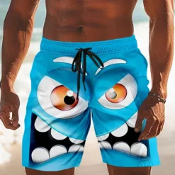 Clearance OUKU Men's 3D Cartoon Smile Face Big Eyes Swim Trunks Swim Shorts Board Shorts Mid Waist Funny Outdoor Vacation Dailywear Side Pockets Mesh Lining Elastic Drawstring Waist Designer Clothing Apparel