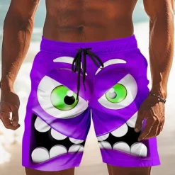 Clearance OUKU Men's 3D Cartoon Smile Face Big Eyes Swim Trunks Swim Shorts Board Shorts Mid Waist Funny Outdoor Vacation Dailywear Side Pockets Mesh Lining Elastic Drawstring Waist Designer Clothing Apparel