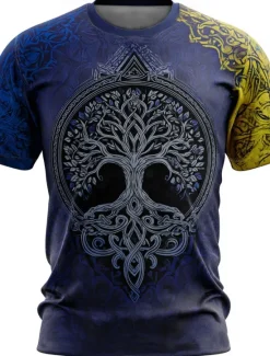 Hot OUKU Men's 3D Celtics Tree Of Life T Shirt Short Sleeve T shirt 3D Print Crew Neck Shirt Viking Designer Party Street Casual Yellow Blue Brown Summer Spring Clothing Apparel S M L XL XXL XXXL