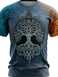 Hot OUKU Men's 3D Celtics Tree Of Life T Shirt Short Sleeve T shirt 3D Print Crew Neck Shirt Viking Designer Party Street Casual Yellow Blue Brown Summer Spring Clothing Apparel S M L XL XXL XXXL