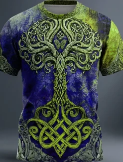 New OUKU Men's 3D Celtics Tree Of Life T Shirt Short Sleeve T shirt 3D Print Crew Neck Shirt Viking Designer Party Street Yellow Red Blue Summer Spring Clothing Apparel S M L XL XXL XXXL