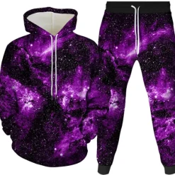 Clearance OUKU Men's 3D Galaxy Star Print 2pcs 3D Sweatshirt Sets Tracksuit Hoodies Long Sleeve Long pants Hooded 3D Print Casual Daily Front Pocket Wine Royal Blue Purple
