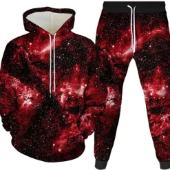 Clearance OUKU Men's 3D Galaxy Star Print 2pcs 3D Sweatshirt Sets Tracksuit Hoodies Long Sleeve Long pants Hooded 3D Print Casual Daily Front Pocket Wine Royal Blue Purple