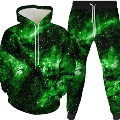Clearance OUKU Men's 3D Galaxy Star Print 2pcs 3D Sweatshirt Sets Tracksuit Hoodies Long Sleeve Long pants Hooded 3D Print Casual Daily Front Pocket Wine Royal Blue Purple