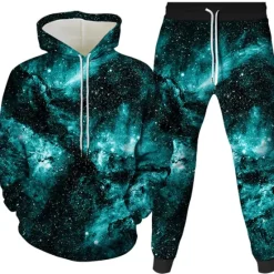 Clearance OUKU Men's 3D Galaxy Star Print 2pcs 3D Sweatshirt Sets Tracksuit Hoodies Long Sleeve Long pants Hooded 3D Print Casual Daily Front Pocket Wine Royal Blue Purple