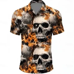 Hot OUKU Men's 3D Oktoberfest Beer Skulls Shirt Summer Shirt Button Up Shirt Short Sleeve Vintage Retro Outdoor Holiday Summer Spring Turndown 3D Print Collared Shirts Black 1 Black Orange