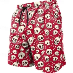 OUKU Men's 3D Print Cool Skulls Halloween Costumes Swim Trunks Swim Shorts Board Shorts Mid Waist Casual Athleisure Daily Holiday Streetwear Drawstring Elastic Waist 3D Print Designer Clothing Apparel Red