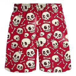OUKU Men's 3D Print Cool Skulls Halloween Costumes Swim Trunks Swim Shorts Board Shorts Mid Waist Casual Athleisure Daily Holiday Streetwear Drawstring Elastic Waist 3D Print Designer Clothing Apparel Red
