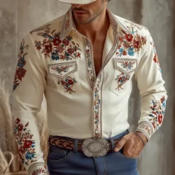 New OUKU Men's 3D Print Floral Print Flowers Western Shirt Button Up Shirt Cowboy Shirt Long Sleeve Vintage Retro Outdoor Holiday Spring Fall Turndown Collared Shirts Front Two Pockets Pink Beige