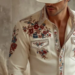 New OUKU Men's 3D Print Floral Print Flowers Western Shirt Button Up Shirt Cowboy Shirt Long Sleeve Vintage Retro Outdoor Holiday Spring Fall Turndown Collared Shirts Front Two Pockets Pink Beige