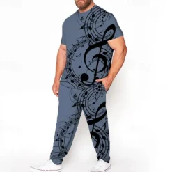 Outlet OUKU Men's 3D Print Graphic Prints Musical Notes 2pcs Tees sets Matching Sets Short Sleeve Long pants Crew Neck Fashion Streetwear Casual Outdoor Daily Sports 3D Print Spring & Summer White Blue Brown